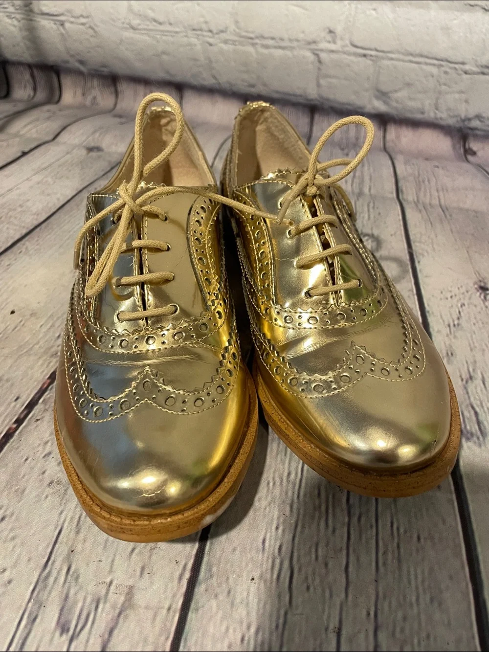 Sam Edelman Women Gold Metallic Wingtip Oxfords Sz 6